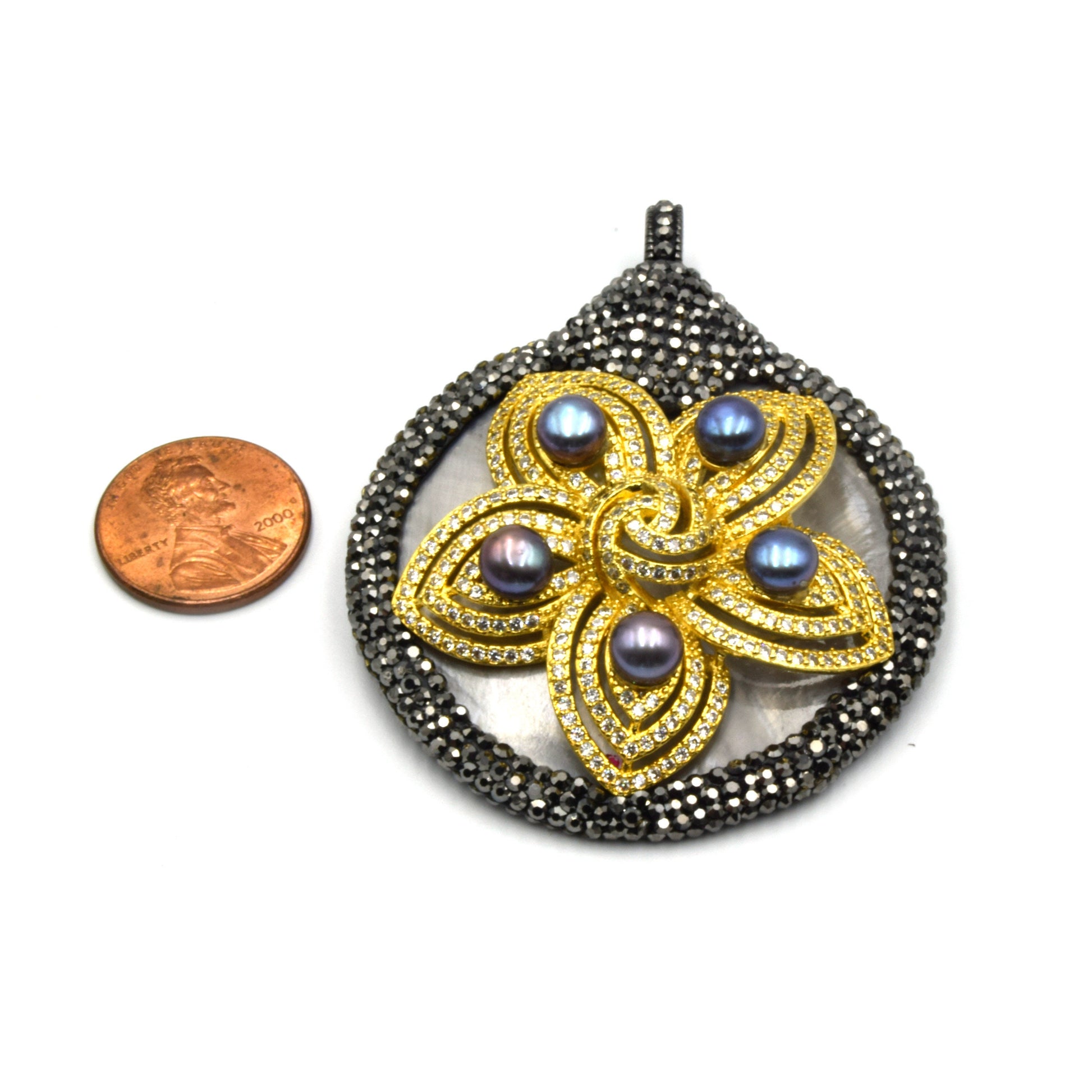 Rhinestone Abalone CZ Focal Pendant with Peacock Pearls | Pave Rhinestone Pendant | Abalone Pendant | Pearl Floral Pendant | Focal Pendant