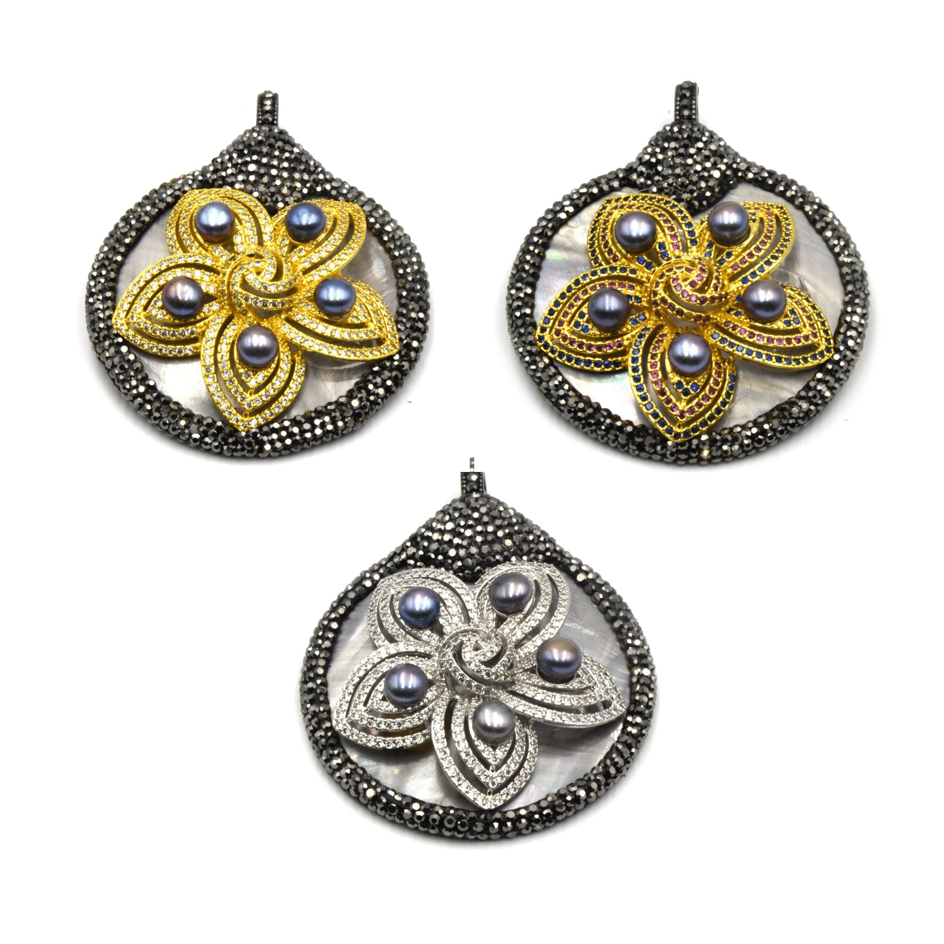 Rhinestone Abalone CZ Focal Pendant with Peacock Pearls | Pave Rhinestone Pendant | Abalone Pendant | Pearl Floral Pendant | Focal Pendant