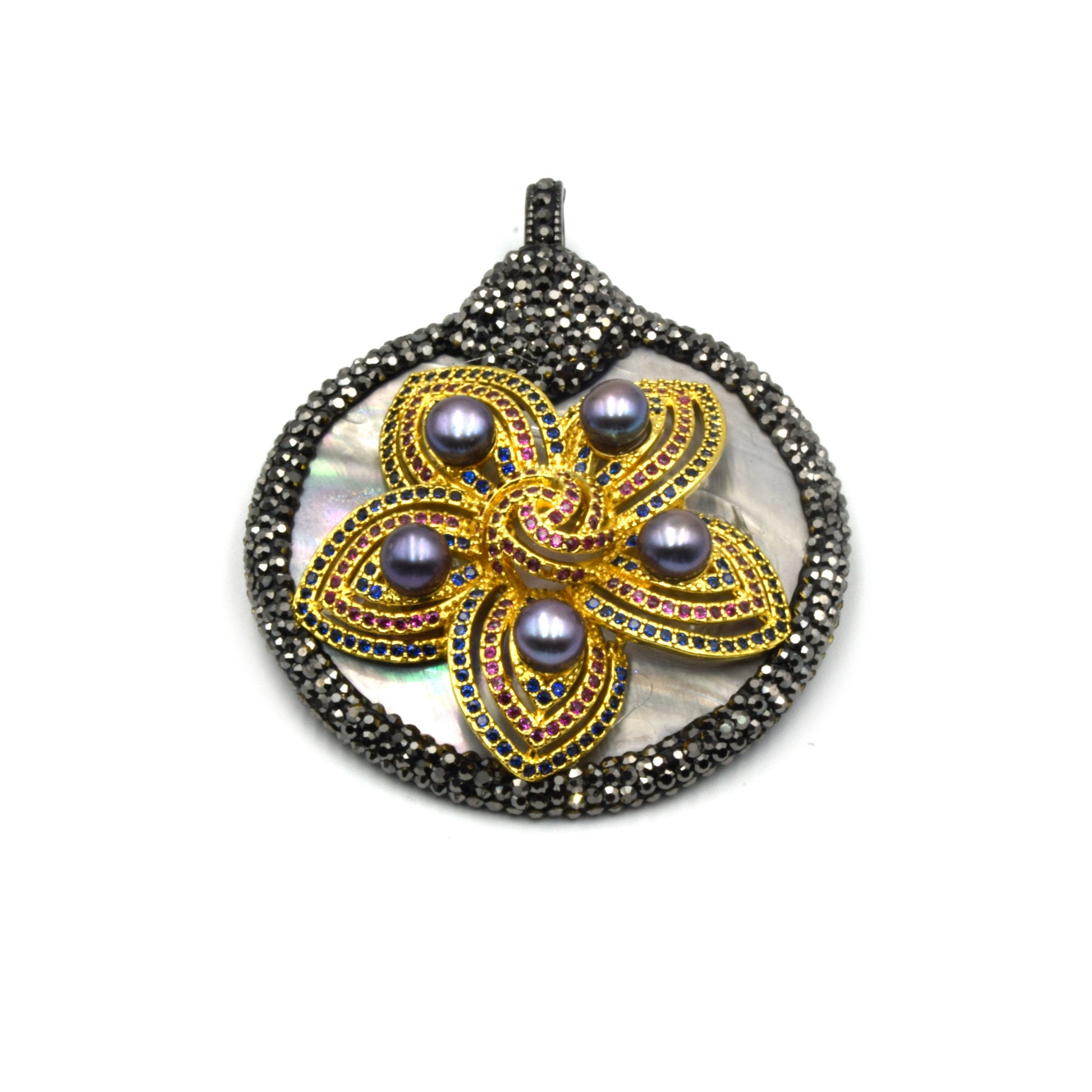 Rhinestone Abalone CZ Focal Pendant with Peacock Pearls | Pave Rhinestone Pendant | Abalone Pendant | Pearl Floral Pendant | Focal Pendant