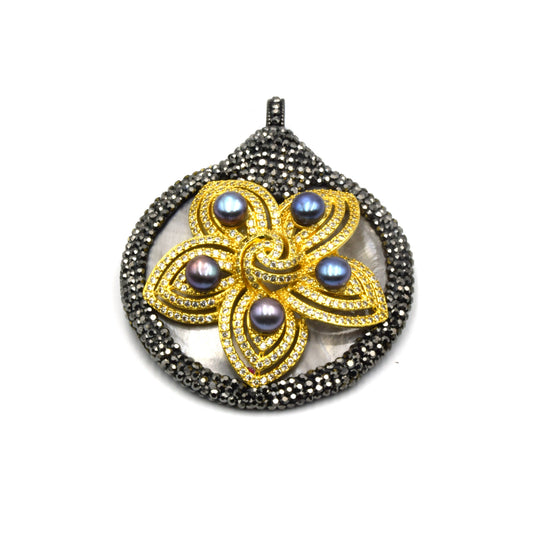 Rhinestone Abalone CZ Focal Pendant with Peacock Pearls | Pave Rhinestone Pendant | Abalone Pendant | Pearl Floral Pendant | Focal Pendant