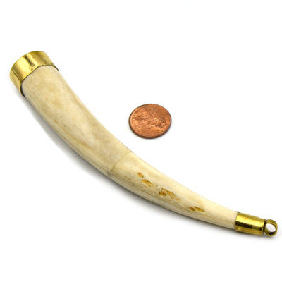 Bone Tusk Pendant | 5 Inch Ox Bone Double Gold Cap Focal Tusk Pendant | Horn Pendant | White Brown Tusk |
