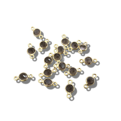 Smoky Quartz Bezel Connector - 14k Gold Vermeil Cut Stone Faceted Round Links - 4mm - Wholesale Bulk Lot for Non Tarnish Jewelry