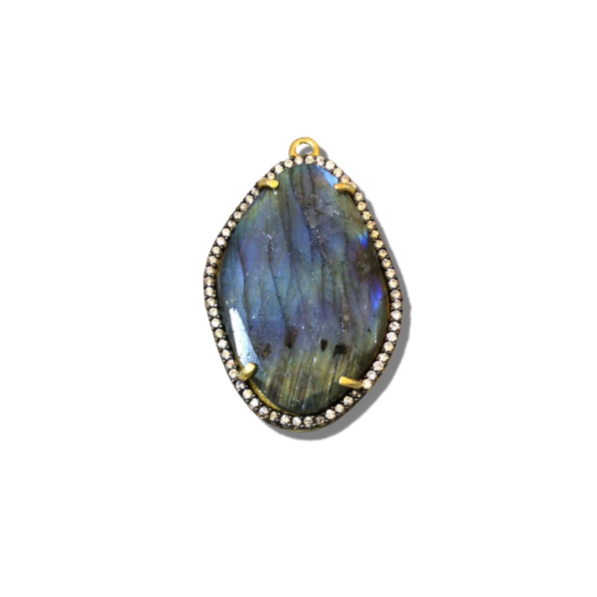 Labradorite Bezel | Gold Finish CZ Cubic Zirconia Rimmed Faceted Iridescent Freeform Shaped Pendant | Focal Pendant | Jewelry Supplies