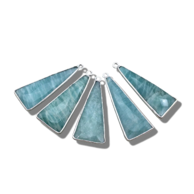 Green Amazonite Bezel | Silver Finish Faceted Triangle Shape Copper Plated Pendant Component ~ 12mm x 30mm - Sold Individually