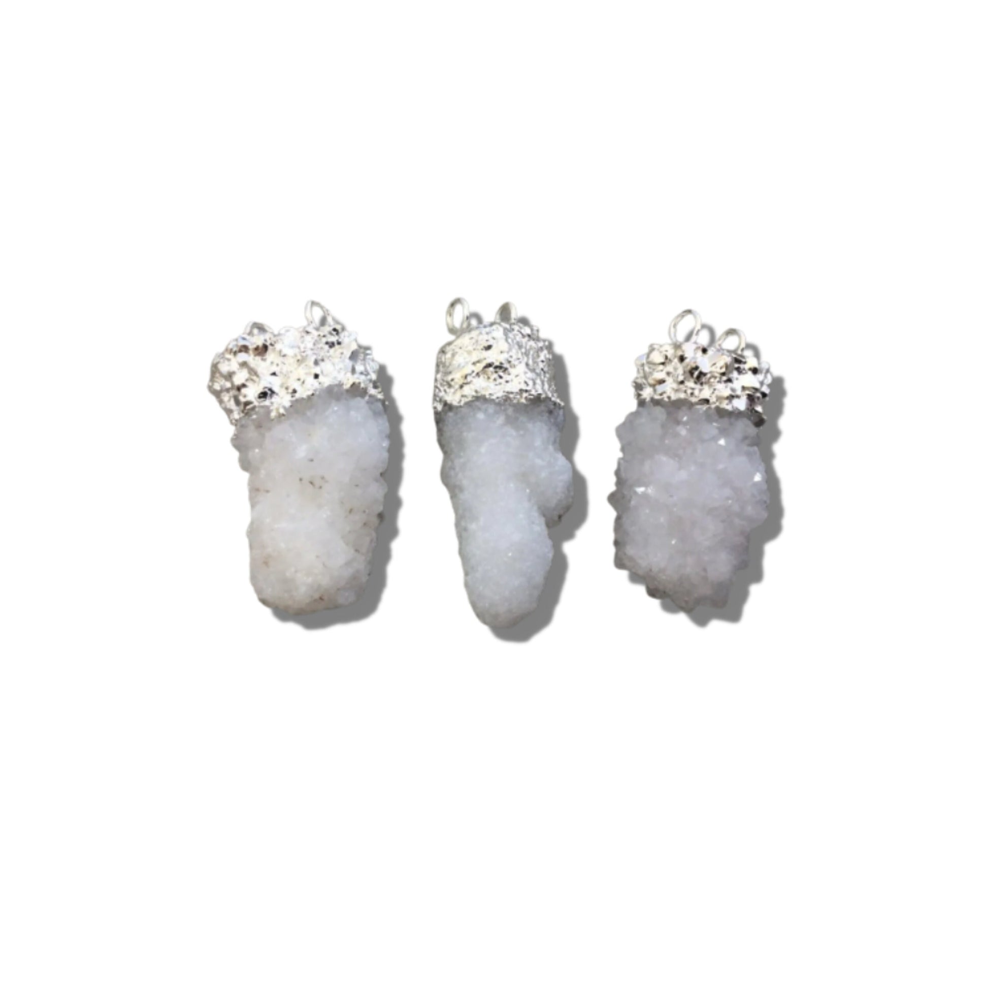 Druzy Pendant - Silver Electroplated White Spirit / Cactus Quartz Freeform Vertical Cluster Focal Pendant