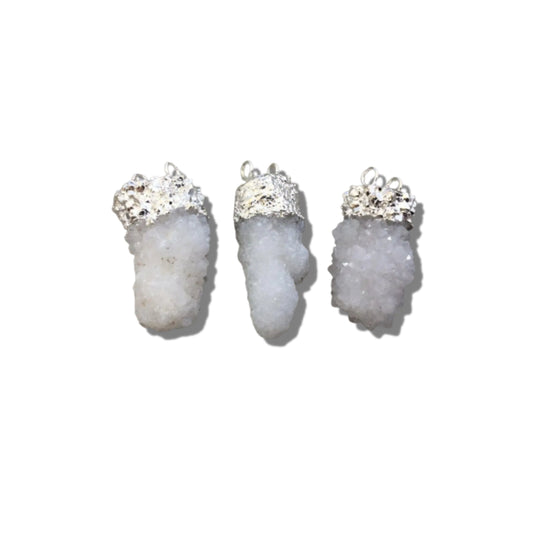 Druzy Pendant - Silver Electroplated White Spirit / Cactus Quartz Freeform Vertical Cluster Focal Pendant