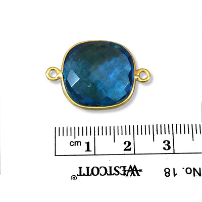 Gold Finish Faceted Square Shaped Azure Blue Quartz Bezel Two Ring Connector Component - Measuring 18mm x 18mm - Natural Gemstone