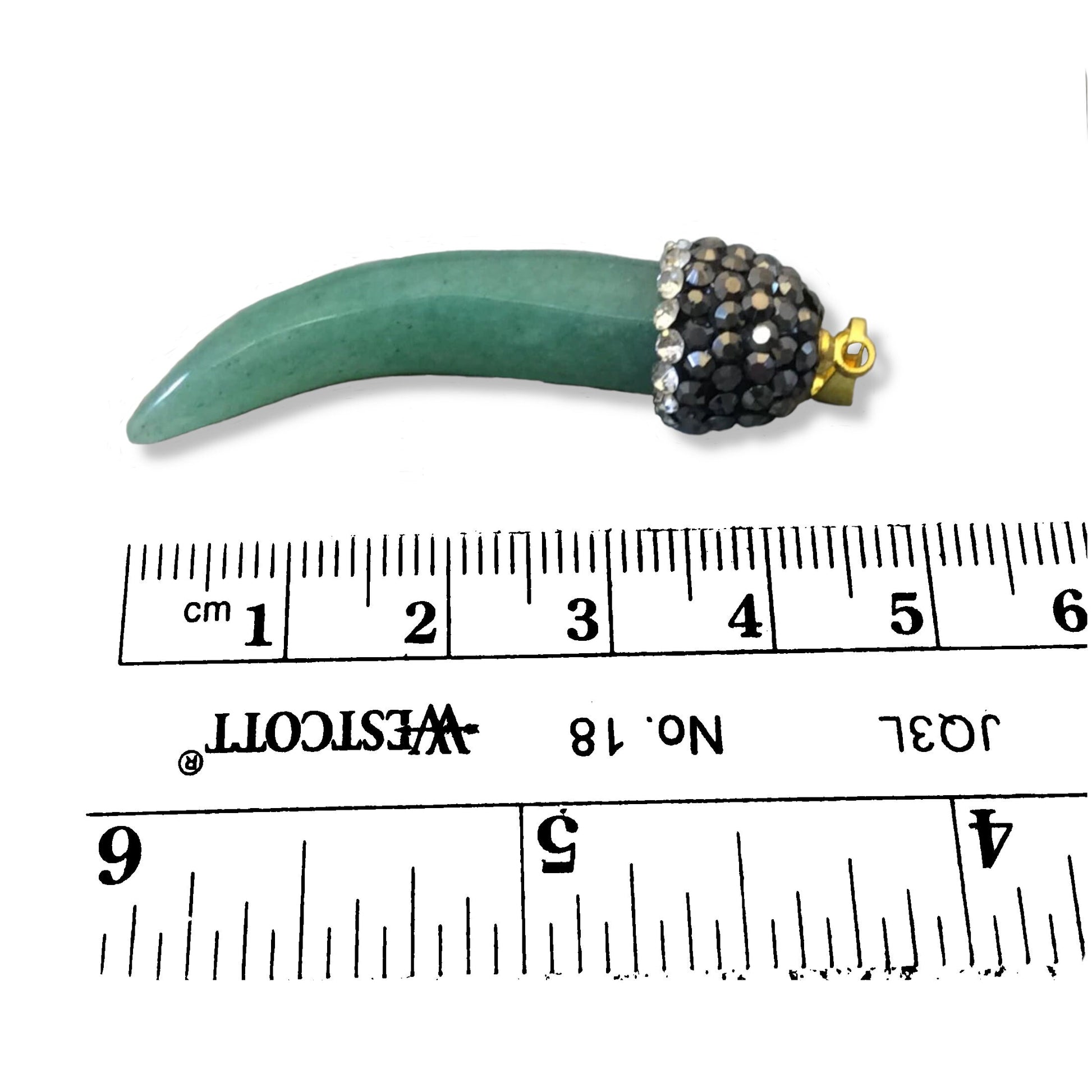 1.5" Pave Rhinestone Encrusted Tusk Shaped Aventurine Pendant with Gray/White Rhinestones and Attached Bail - Measuring 10mm x 43mm, Approx.