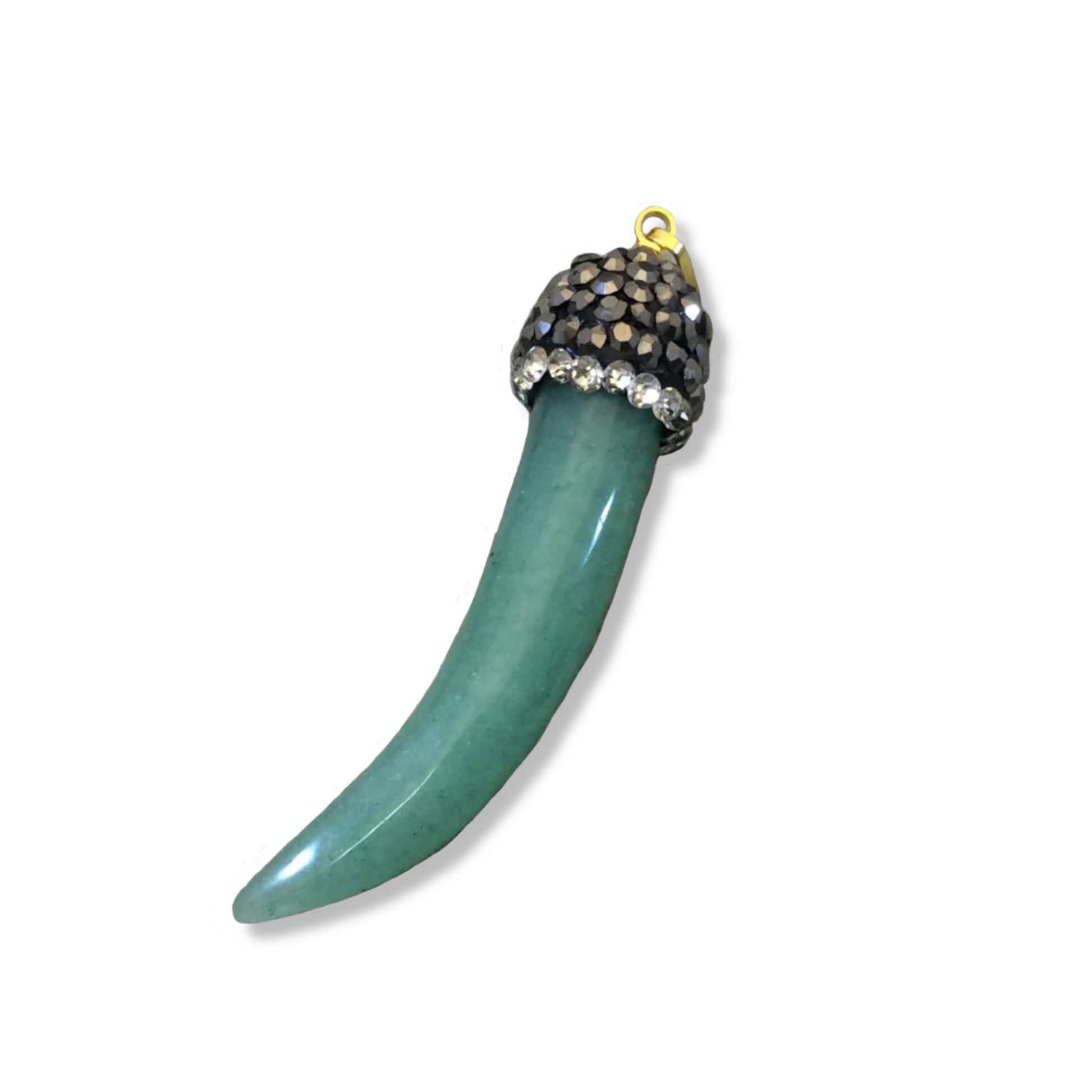 1.5" Pave Rhinestone Encrusted Tusk Shaped Aventurine Pendant with Gray/White Rhinestones and Attached Bail - Measuring 10mm x 43mm, Approx.