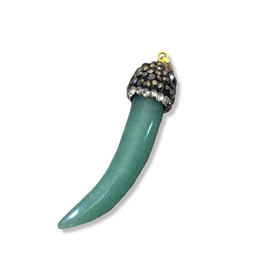 1.5" Pave Rhinestone Encrusted Tusk Shaped Aventurine Pendant with Gray/White Rhinestones and Attached Bail - Measuring 10mm x 43mm, Approx.