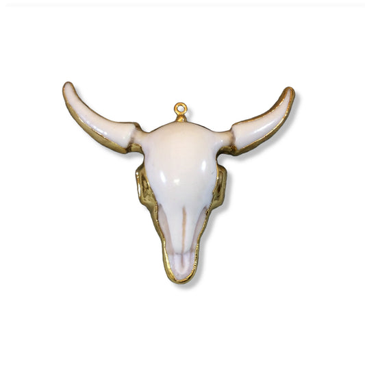 Large Gold Electroplated White/Off White Acrylic Steer Skull Shaped Focal Pendant - Measuring 60mm x 53mm, Approximately - Sold Individually