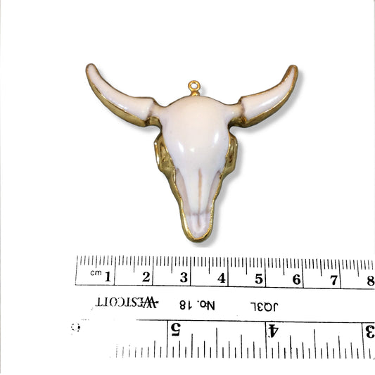 Large Gold Electroplated White/Off White Acrylic Steer Skull Shaped Focal Pendant - Measuring 60mm x 53mm, Approximately - Sold Individually