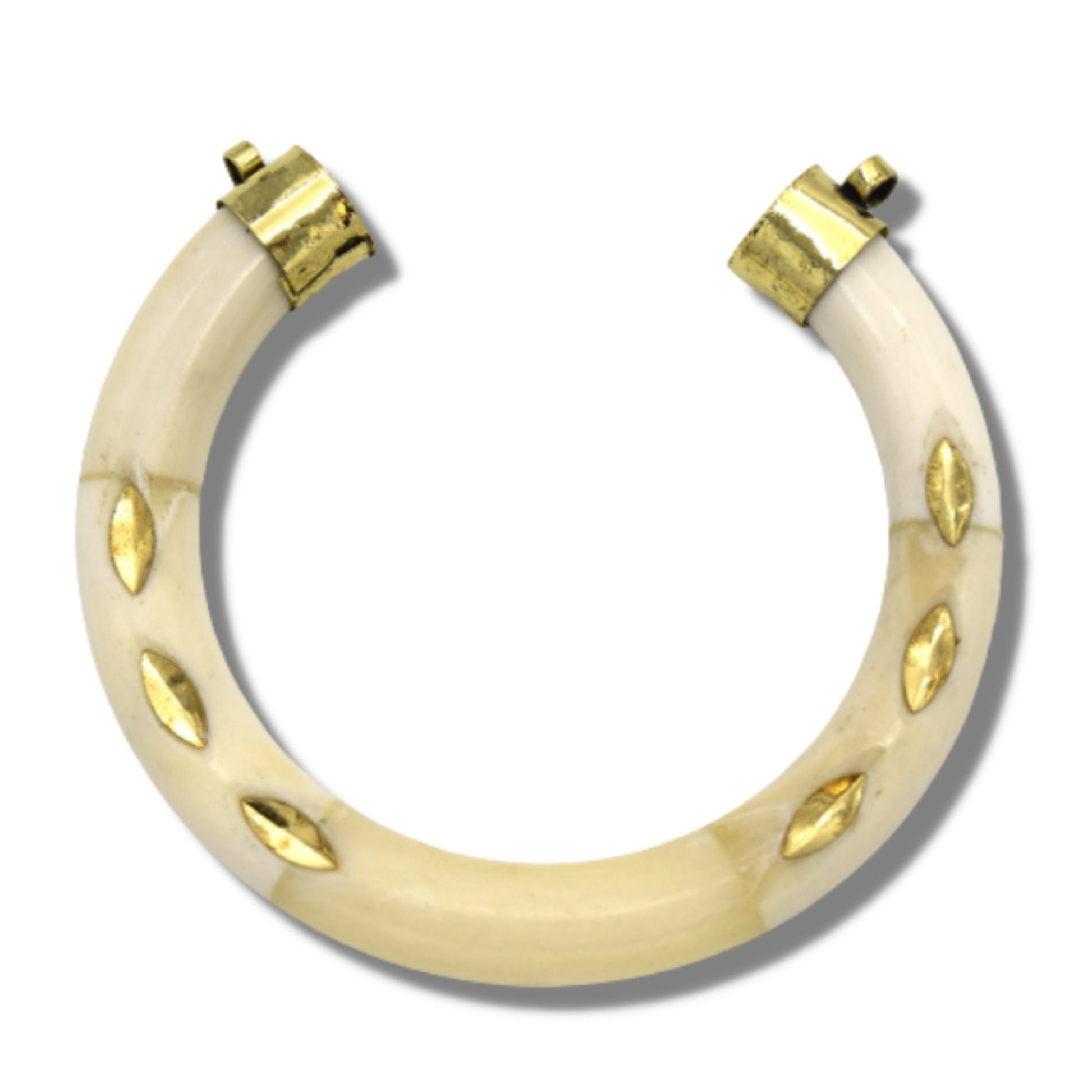 75mm x 75mm White/Off White Crescent Shaped Natural Ox Bone Pendant Gold Inlay and Gold Caps with Bails