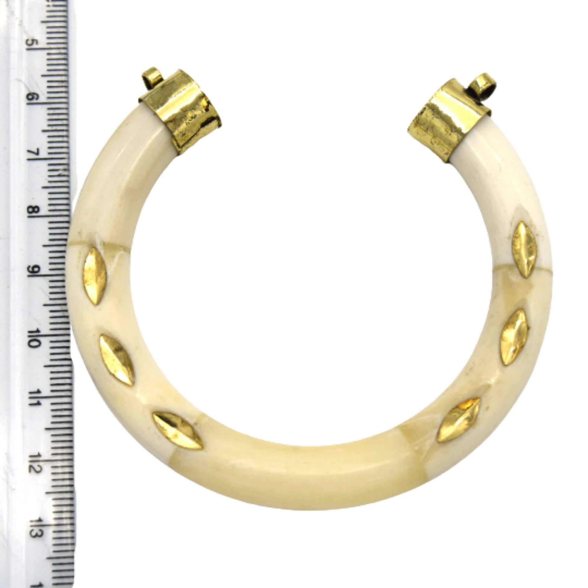 75mm x 75mm White/Off White Crescent Shaped Natural Ox Bone Pendant Gold Inlay and Gold Caps with Bails