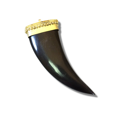 This is a black horn pendant with a curved shape, used for jewelry making. The pendant has a glossy finish and a gold-plated bail at the top.
