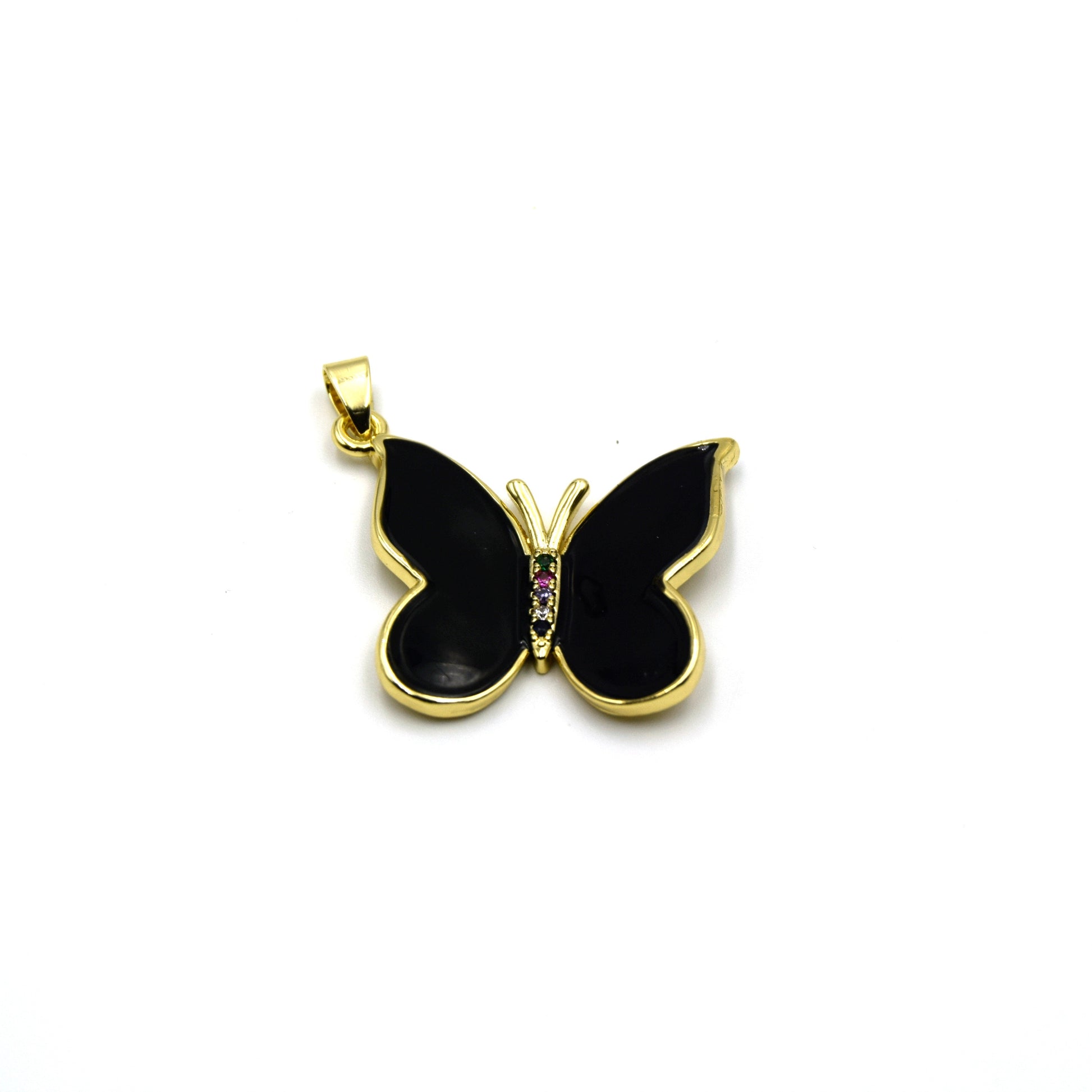 These beautiful black enamel butterfly pendants are perfect for adding a unique touch to any jewelry piece. The enamel is coated in a glossy finish, giving them a bright, eye-catching hue that will stand out when worn.