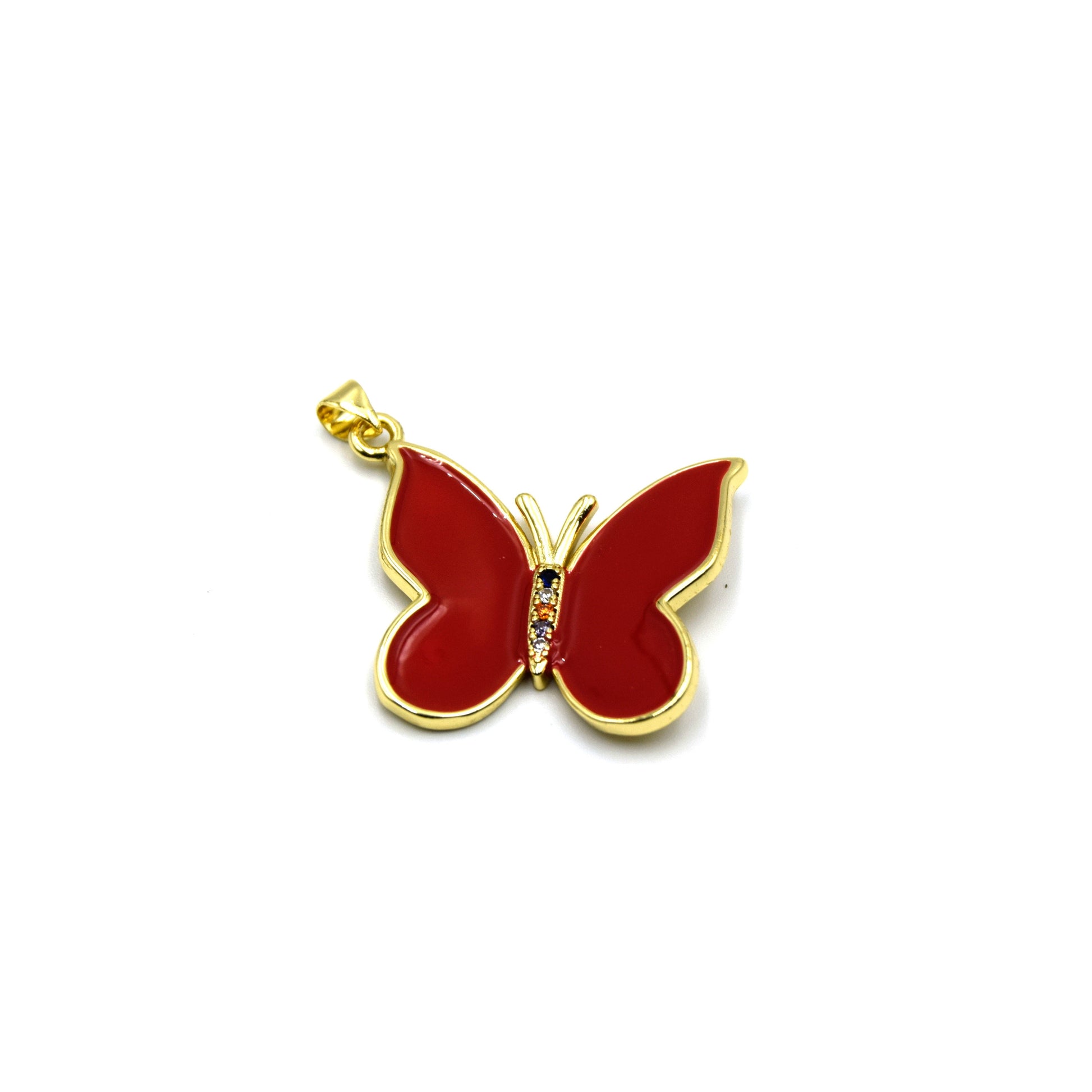 These beautiful red enamel butterfly pendants are perfect for adding a unique touch to any jewelry piece. The enamel is coated in a glossy finish, giving them a bright, eye-catching hue that will stand out when worn.
