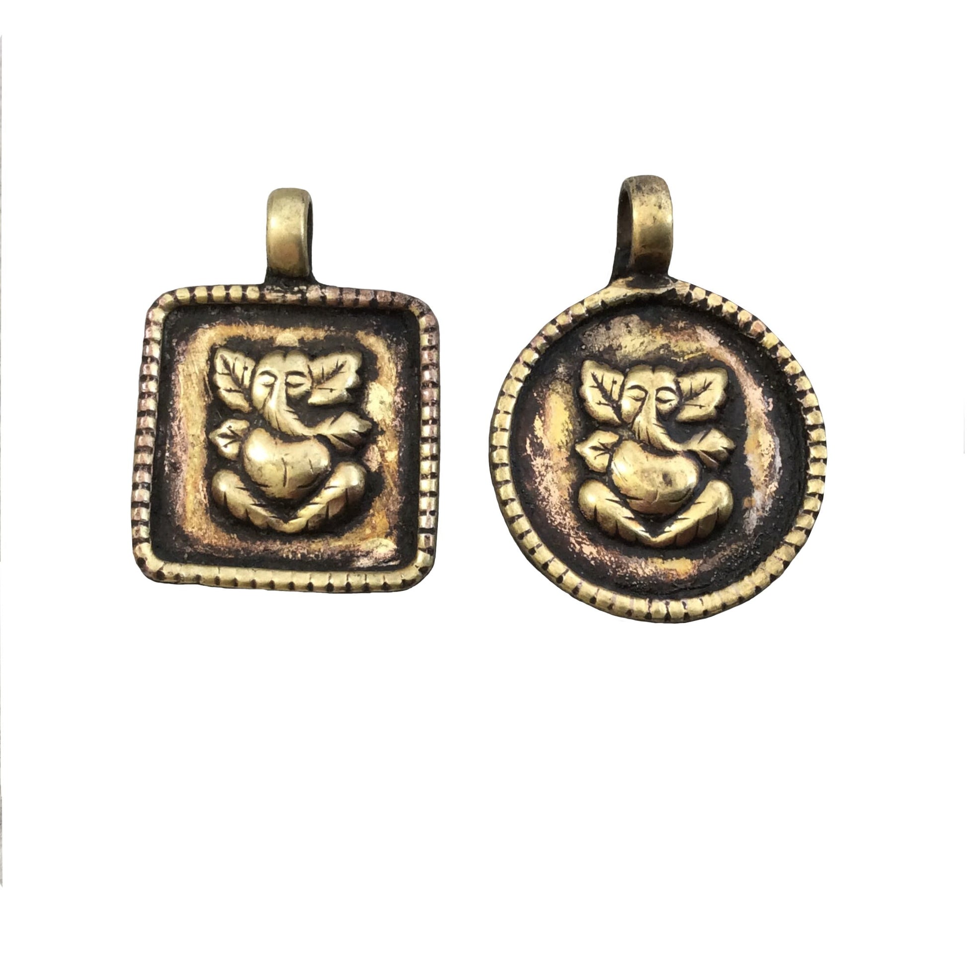 1" Oxidized Gold Plated Rustic Square 'Ganesha' Copper God/Deity Pendant with Attached Ring.