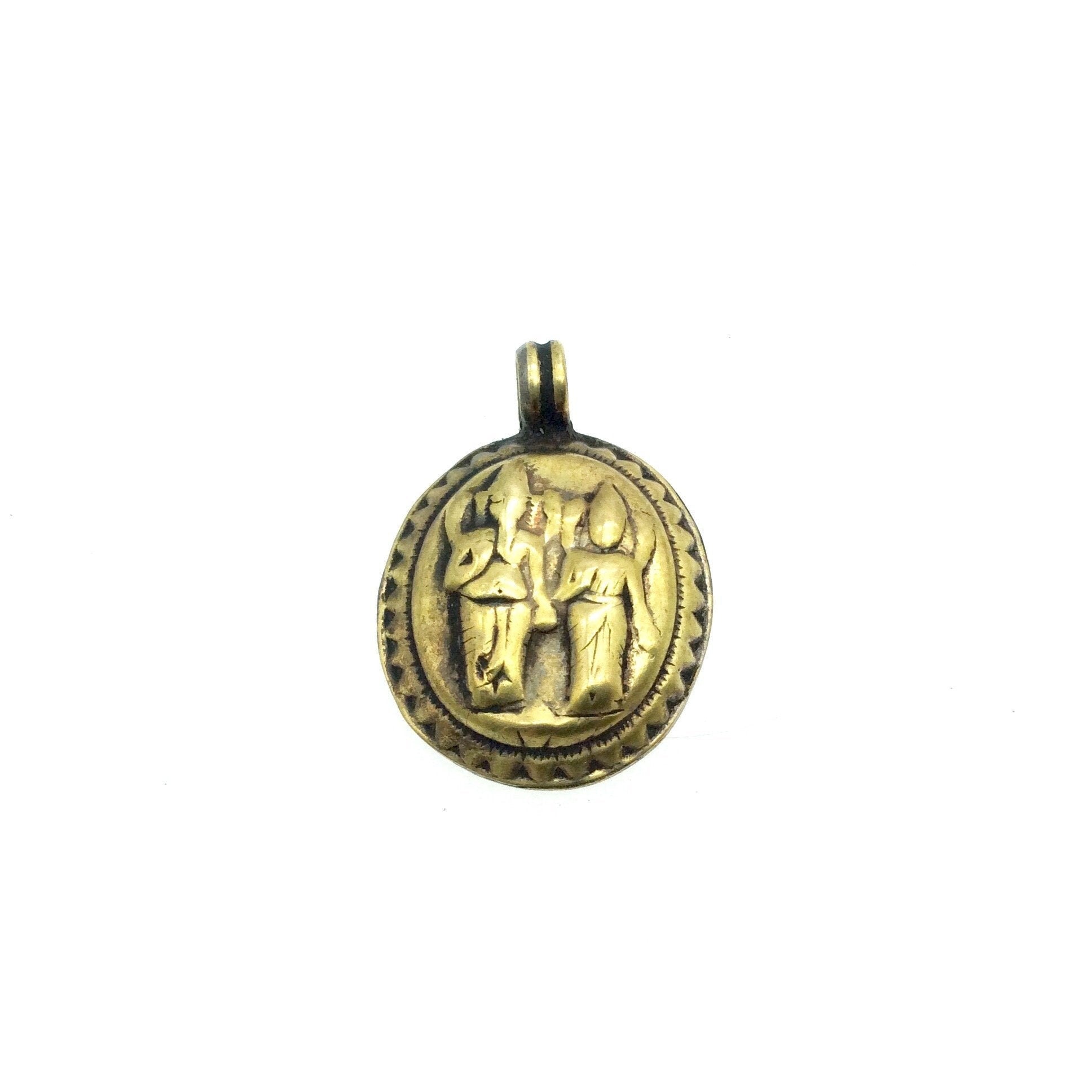 1" Oxidized Gold Plated Rustic Ganesh-Parvati Copper Oval God/Deity Pendant with Attached Ring  - 20mm x 25mm, Approximately