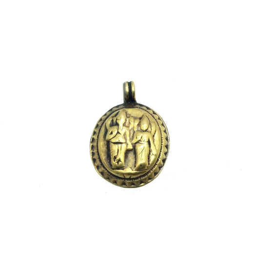1" Oxidized Gold Plated Rustic Ganesh-Parvati Copper Oval God/Deity Pendant with Attached Ring  - 20mm x 25mm, Approximately
