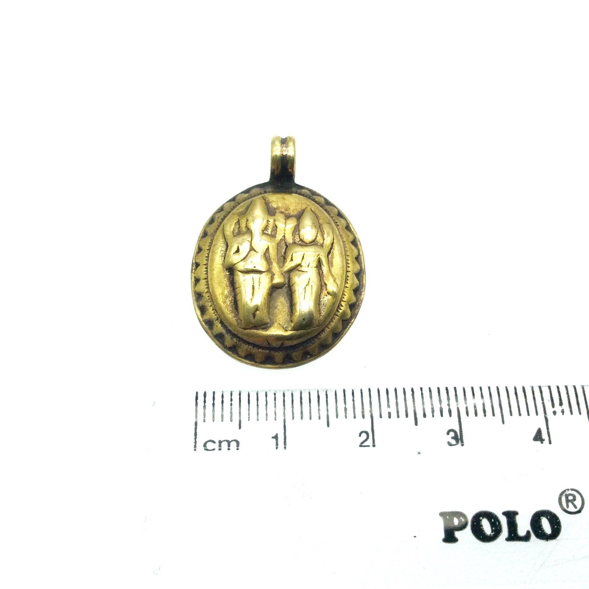 1" Oxidized Gold Plated Rustic Ganesh-Parvati Copper Oval God/Deity Pendant with Attached Ring  - 20mm x 25mm, Approximately