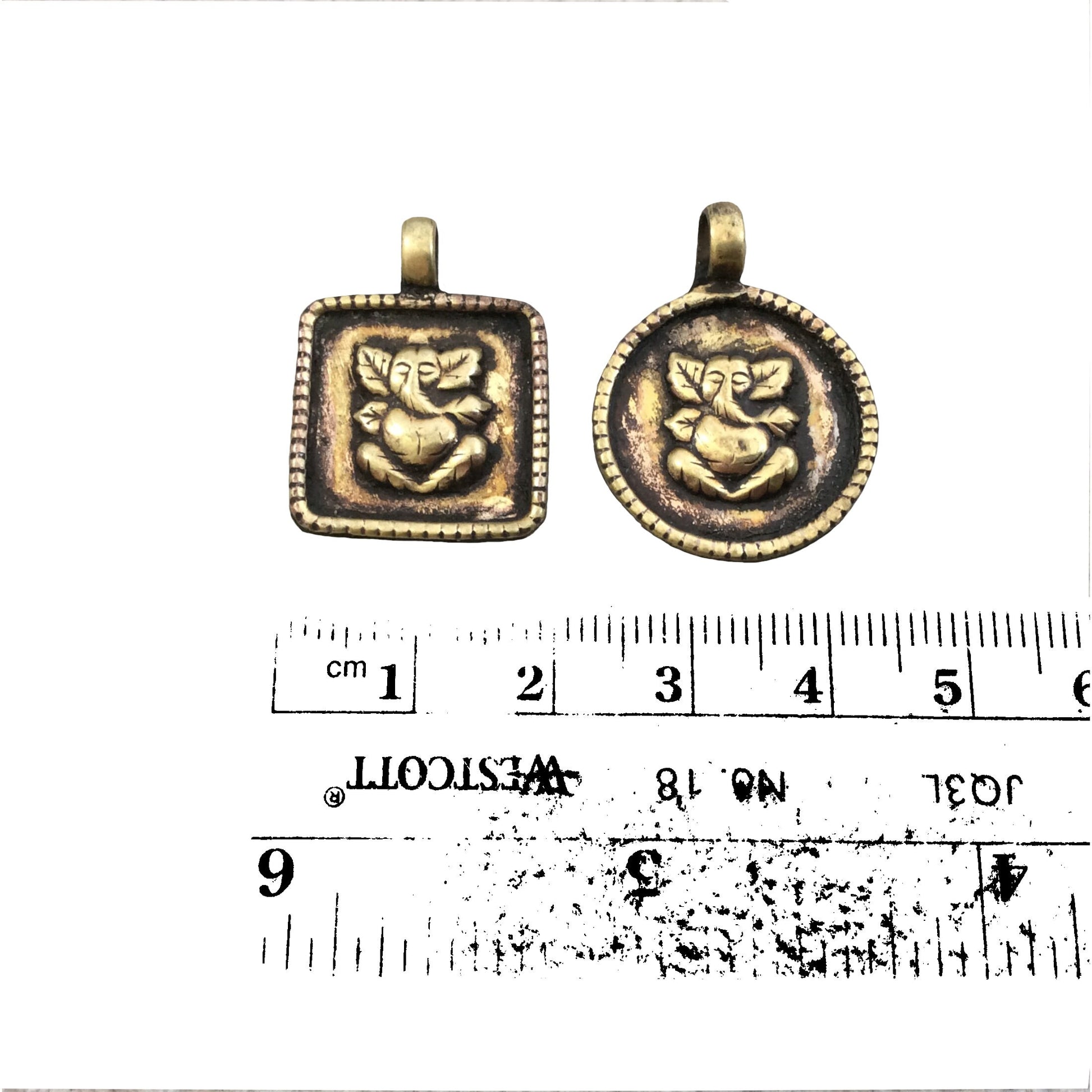 1" Oxidized Gold Plated Rustic Square 'Ganesha' Copper God/Deity Pendant with Attached Ring.