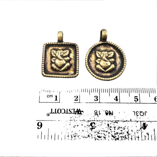 1" Oxidized Gold Plated Rustic Square 'Ganesha' Copper God/Deity Pendant with Attached Ring.