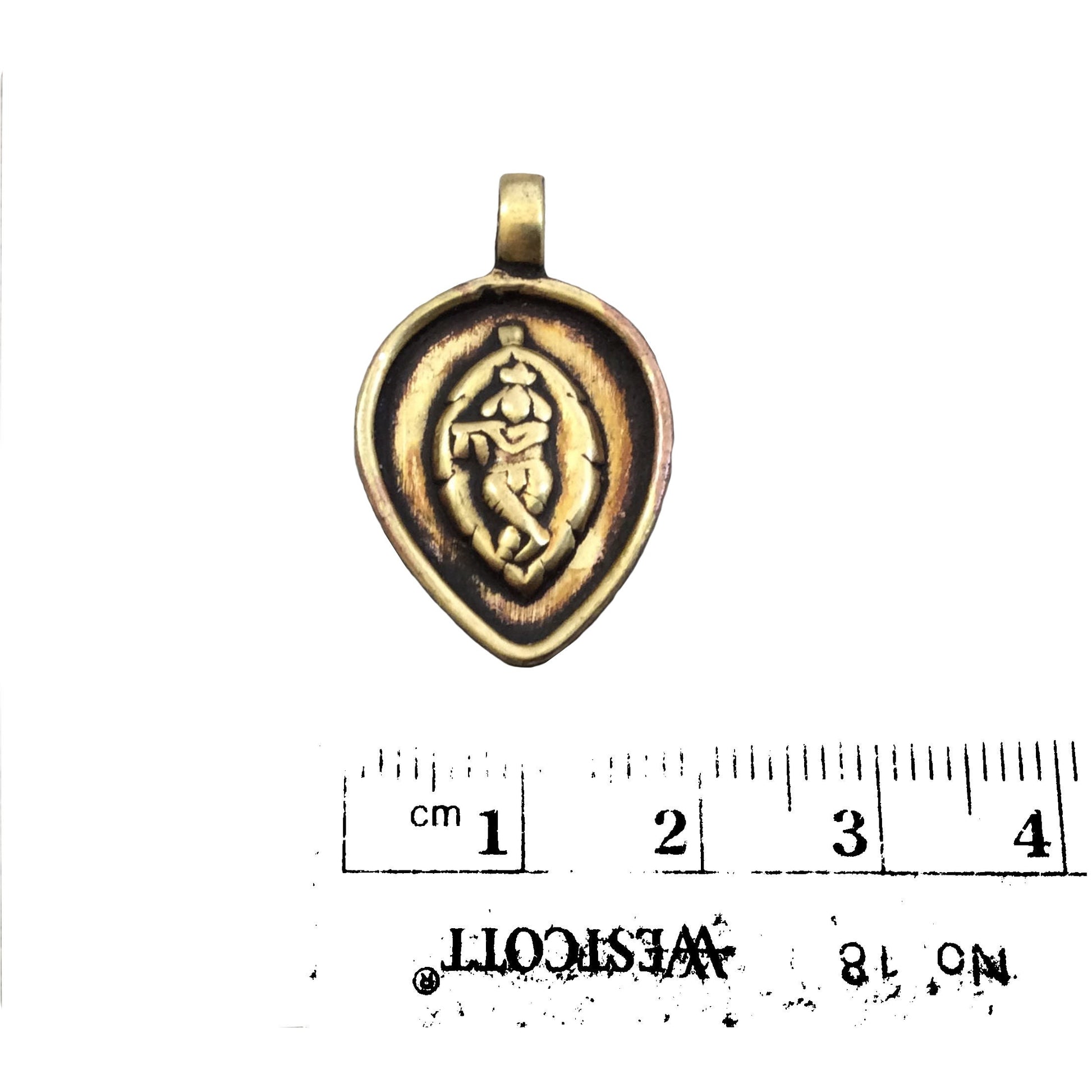 1" Oxidized Gold Plated Rustic 'Krishna' Copper Inverted Teardrop God/Deity Pendant with Attached Ring  - 19mm x  24mm, Approximately