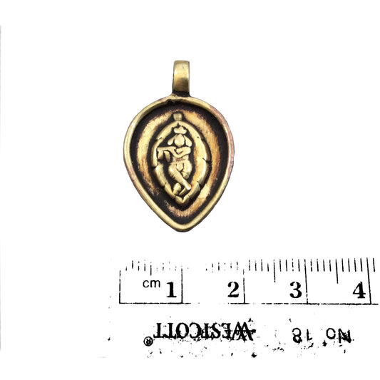 1" Oxidized Gold Plated Rustic 'Krishna' Copper Inverted Teardrop God/Deity Pendant with Attached Ring  - 19mm x  24mm, Approximately