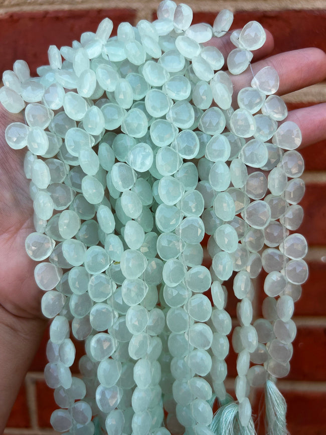 10mm Faceted Natural Mint Green Chalcedony Heart/Teardrop Shaped Beads - Sold by 8" Strands (Approx. 40 Beads) - Hand-Cut Indian Gemstone