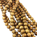 Wood Beads | Round Striped Yellow Brown Wooden Beads with 2mm Holes - 6mm 8mm 10mm 12mm Available