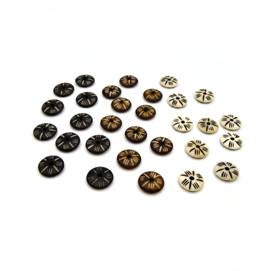 Bone Beads | 15mm Handcrafted Artistic Saucer Bead with Carvings | White Brown Black Available