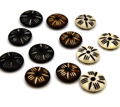 Bone Beads | 15mm Handcrafted Artistic Saucer Bead with Carvings | White Brown Black Available