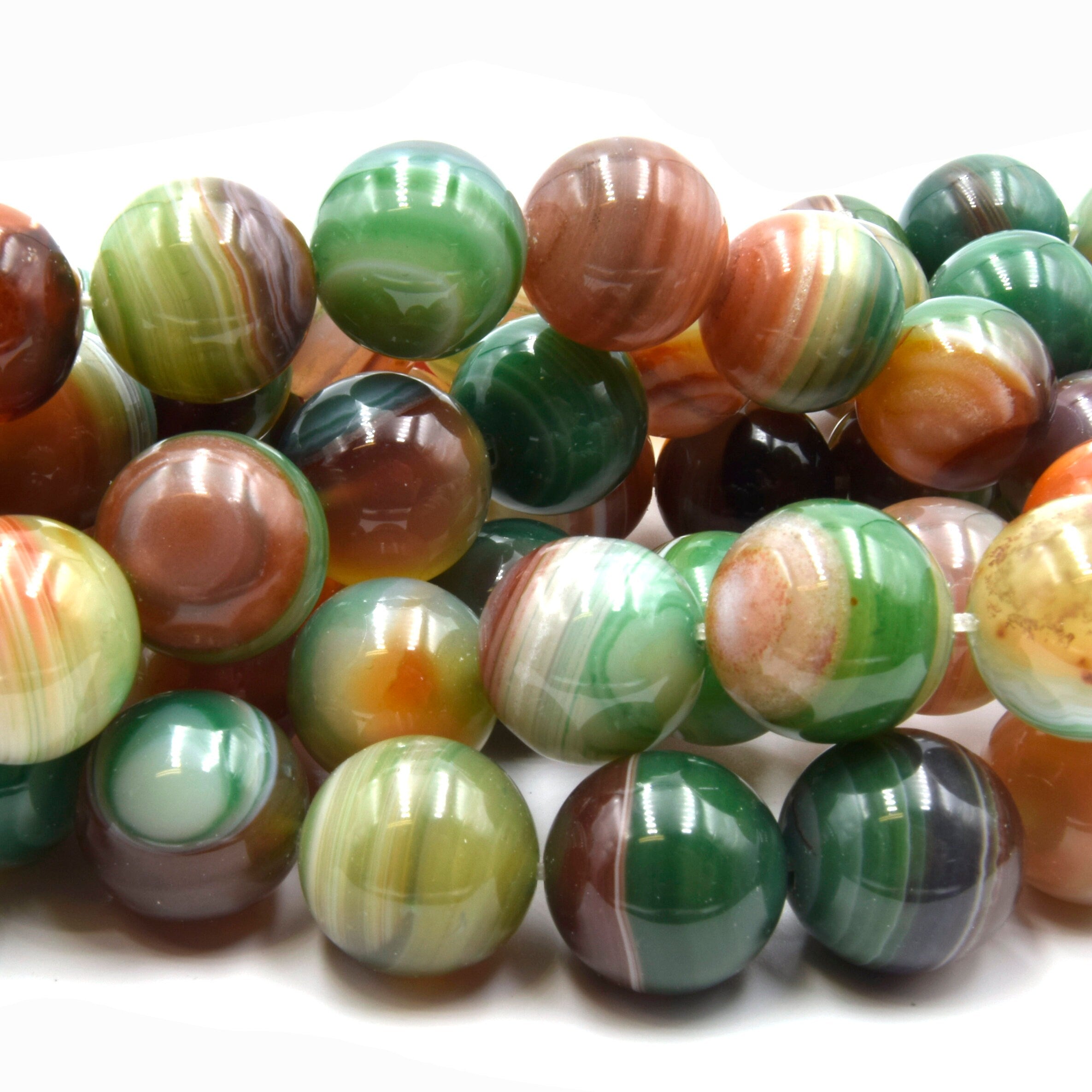 縞瑪瑙 卵石 緑 striped agate Green Multi Color Striped Agate Beads | Smooth Round Loose