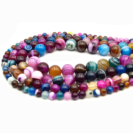 Pink Multi Color Striped Agate Beads | Smooth Round Loose Gemstone Beads | Natural Agate Beads
