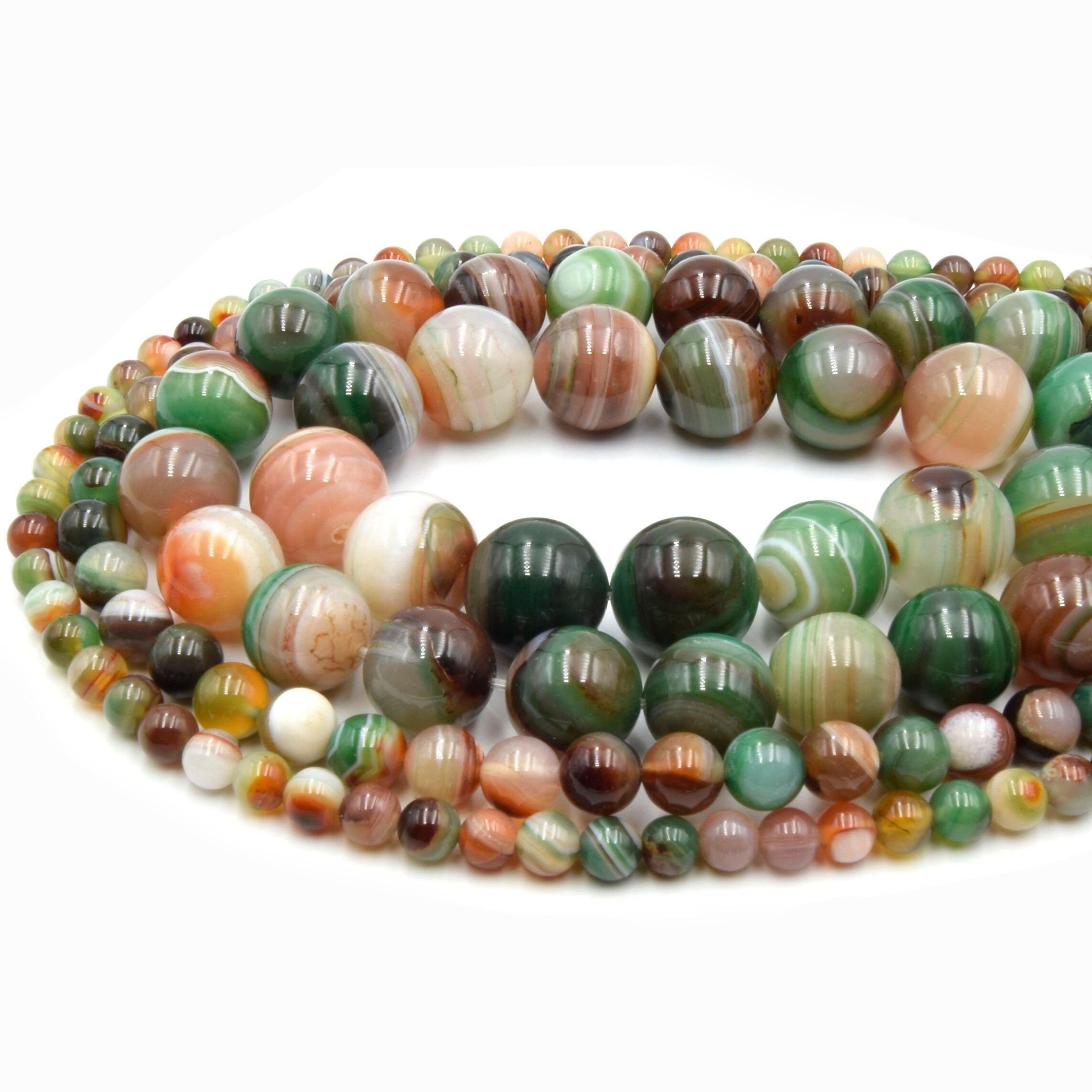 Green Multi Color Striped Agate Beads | Smooth Round Loose