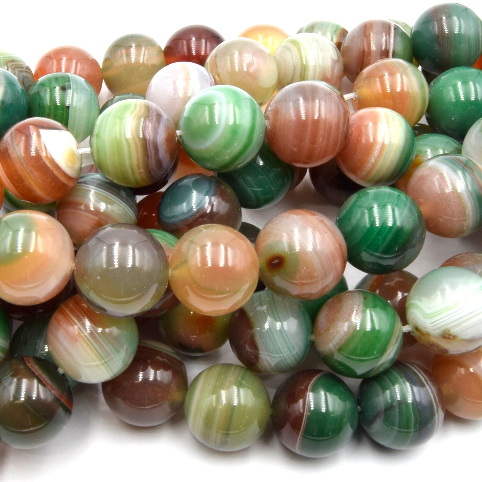 Green Multi Color Striped Agate Beads | Smooth Round Loose