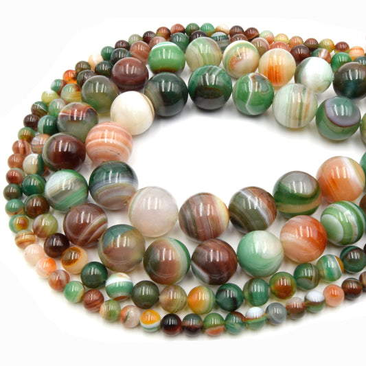 Green Multi Color Striped Agate Beads | Smooth Round Loose Gemstone Beads | Natural Agate Beads