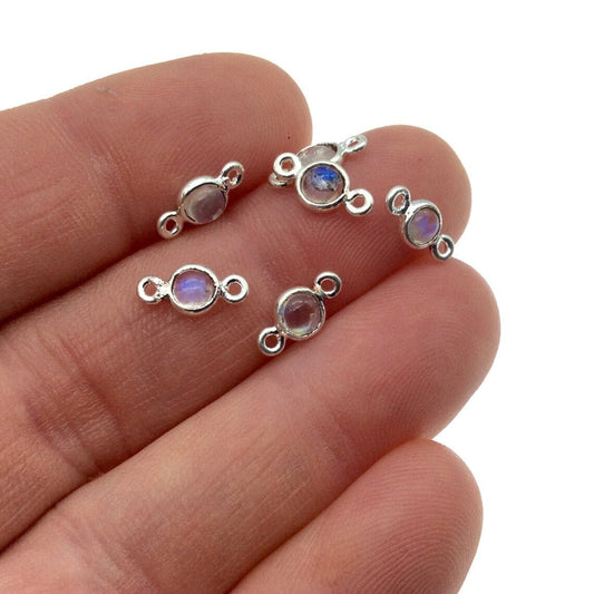 BULK PACK of Six (6) Sterling Silver Pointed/Cut Stone Faceted Round/Coin Shaped Moonstone Bezel Connector Component - Measuring 3-3.5mm