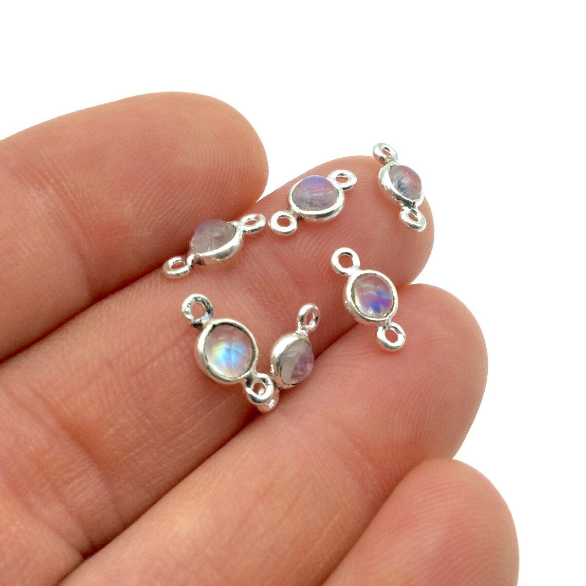 BULK PACK of Six (6) Sterling Silver Pointed/Cut Stone Faceted Round/Coin Shaped Moonstone Bezel Connector Component - Measuring 4-5mm