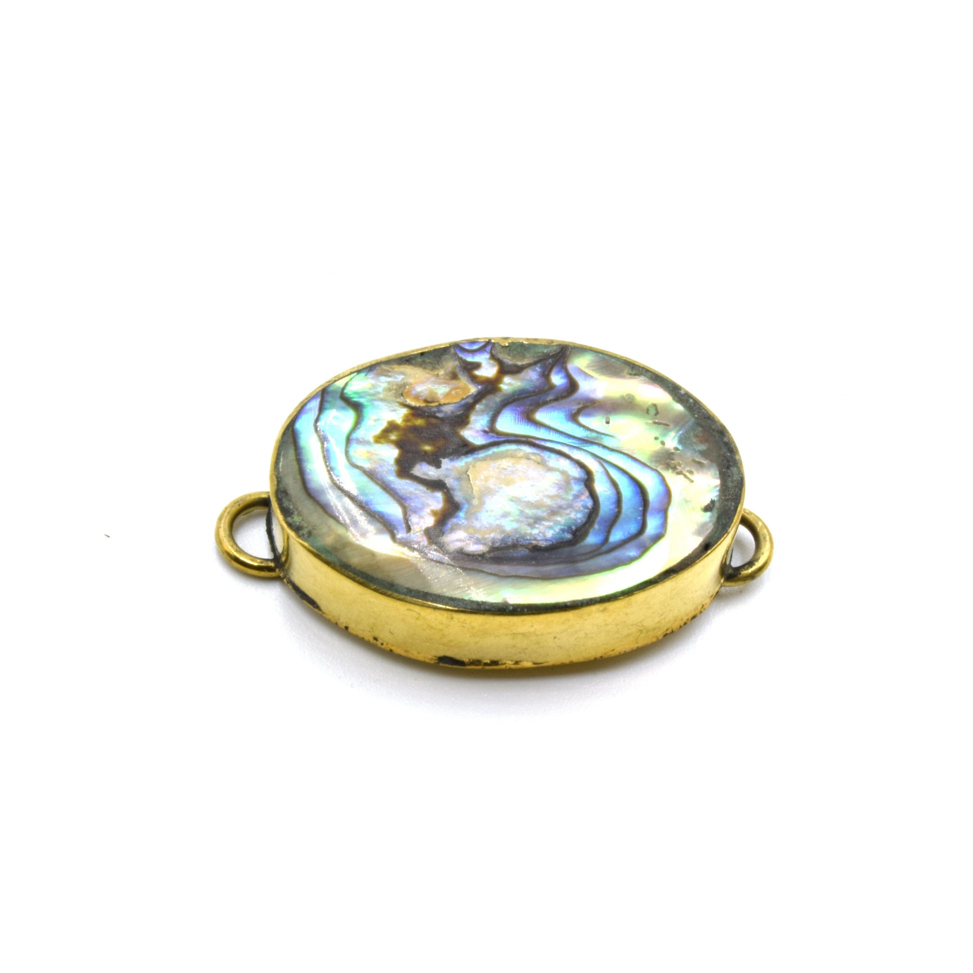 Iridescent White Natural Abalone Shell Fat Oval Shaped Gold Plated Bezel Connector- White & Rainbow