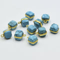 Faceted Turquoise Cube Shaped Gold Plated Copper Bezel Connector - Measuring 7-8mm - Natural Gemstone - Sold Individually