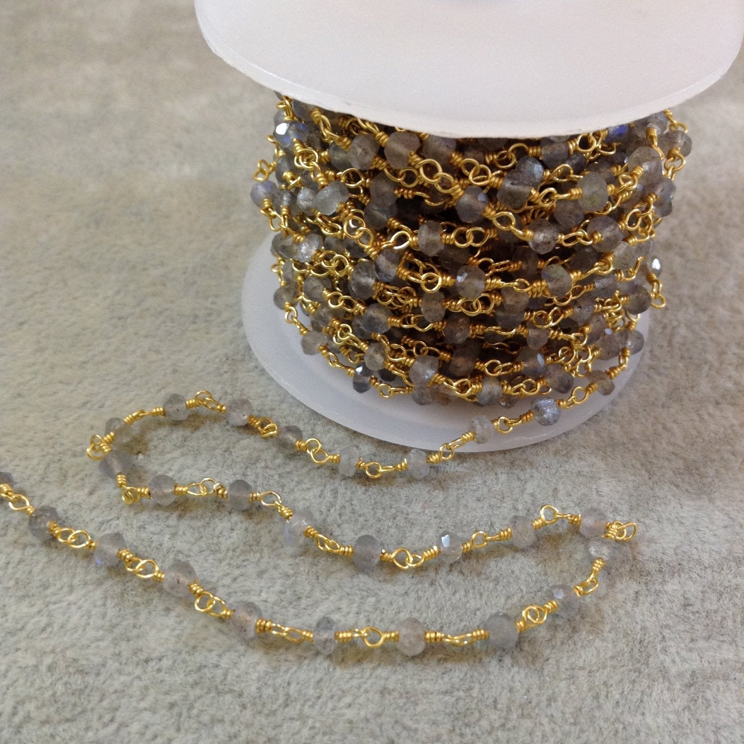 Gold Plated Copper Rosary Chain with 3mm Rondelle Labradorite Beads - Sold by the Foot, or in Bulk! - Natural Semi-Precious Beaded Chain
