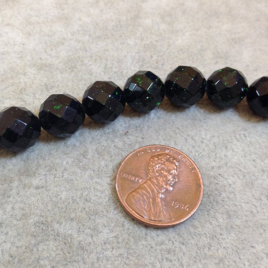 Green Goldstone Faceted Round Beads, 10mm diameter, approx. 39 beads per strand.