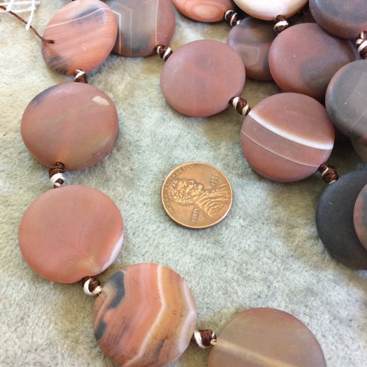Matte Red and Black Striped Agate Coin Beads, 25mm dia, approx. 12 beads per strand.