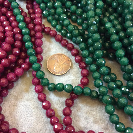 Nice Quality Dyed Jade Faceted Round Bead Strands, approx. 6mm in diameter, approx. 62 beads per strand - Choose red or green!