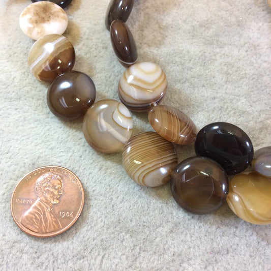 Beautiful Striped Brown Agate Coin Beads, 15mm, approx. 26 beads per strand.