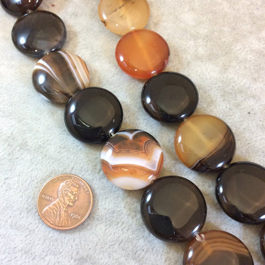 Natural Red Brown Banded Agate Coin Beads - 15.25" Strand (Approx. 18 Beads) - Measuring 22mm x 22mm, Approximately - Sold by the Strand