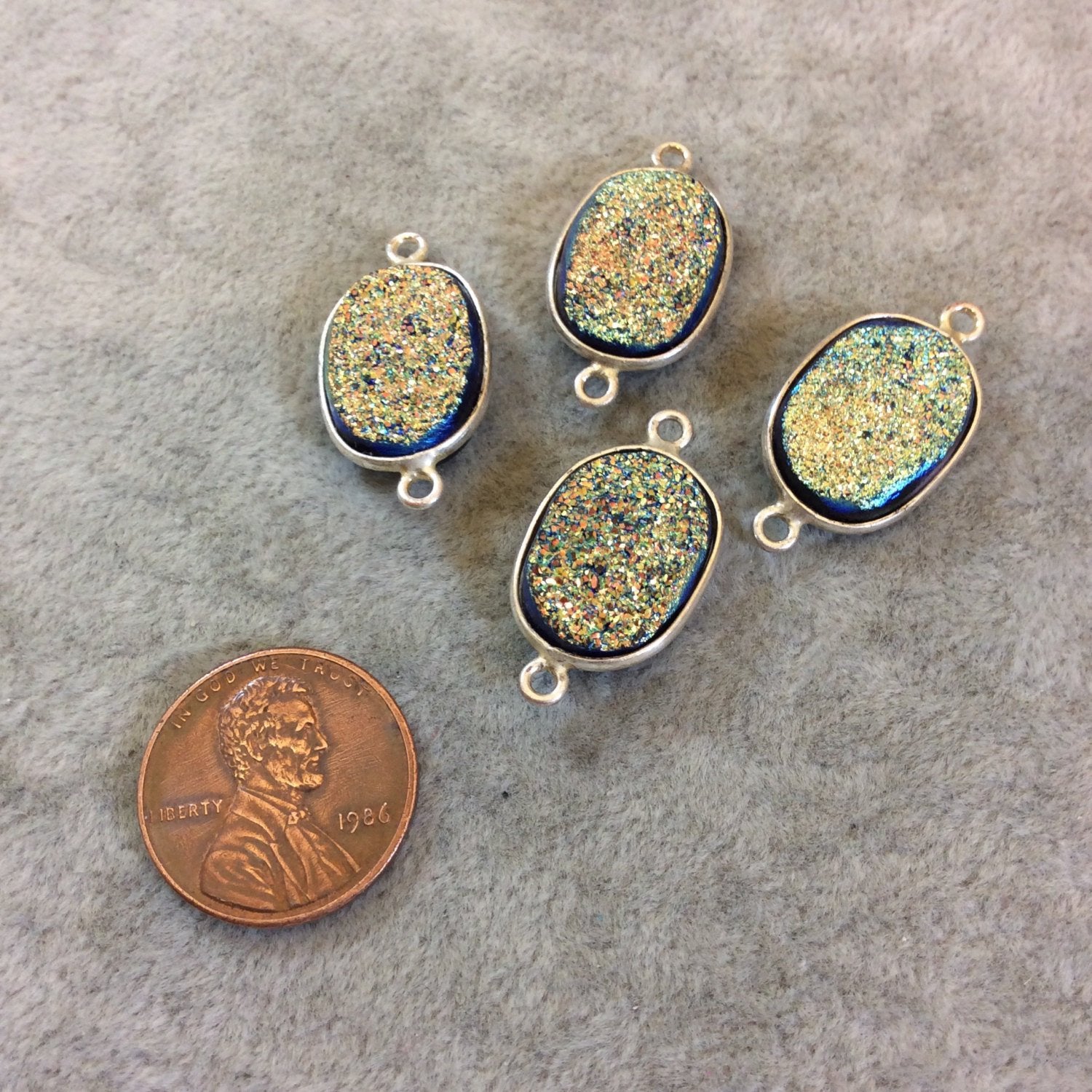 Silver Finish Blue/Gold Resin Druzy Oblong Oval Shaped Bezel Two Ring Connector Component - Measuring 12mm x 16mm - Sold Individually