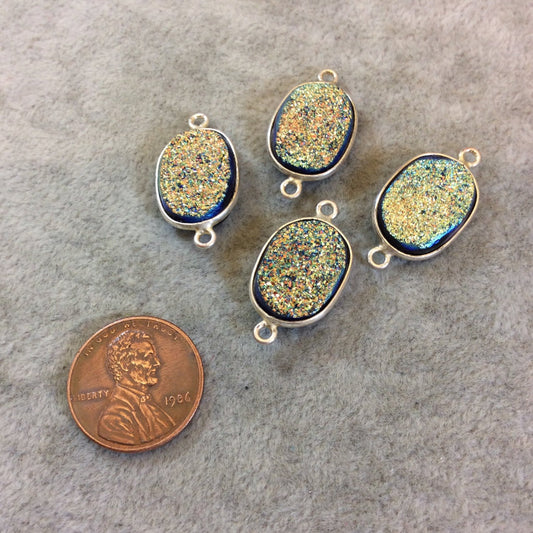 Silver Finish Blue/Gold Resin Druzy Oblong Oval Shaped Bezel Two Ring Connector Component - Measuring 12mm x 16mm - Sold Individually